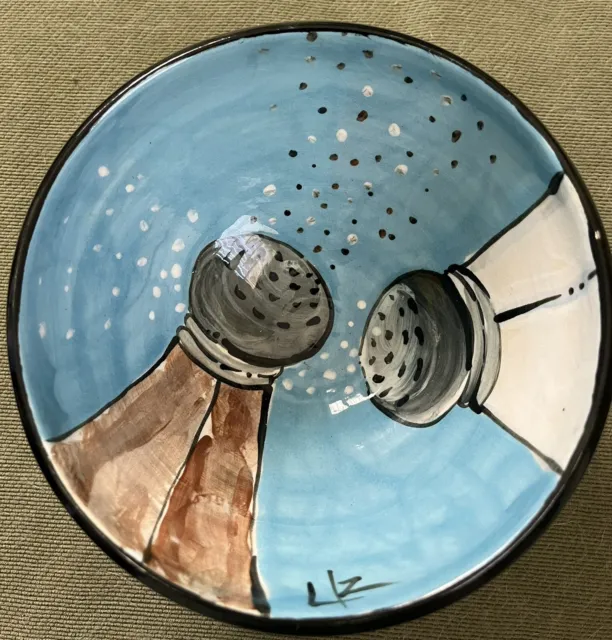 3D & Up Blue Pottery Bowl Salt Pepper Whimsical Vintage Signed LZ