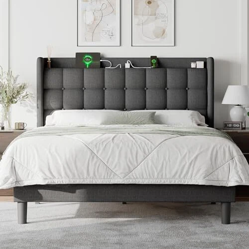 BED FRAME WITH Charging Station, Upholstered Platform Bed Queen Dark