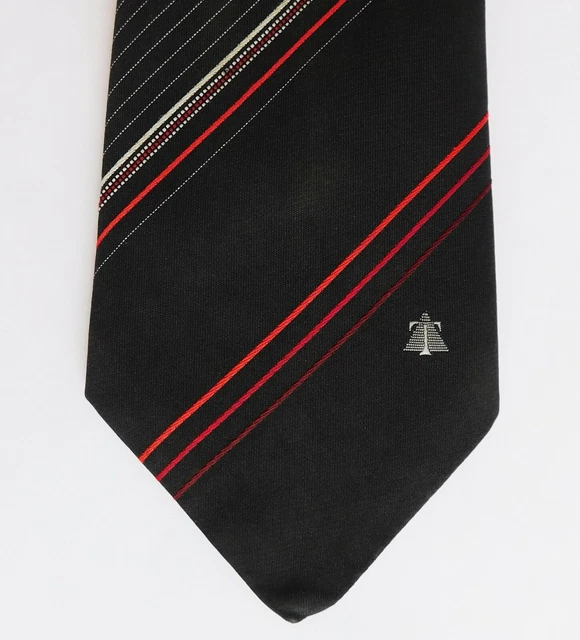 Cravatta da uomo vintage Tootal piramide egizia logo azienda lettera iniziale T nera