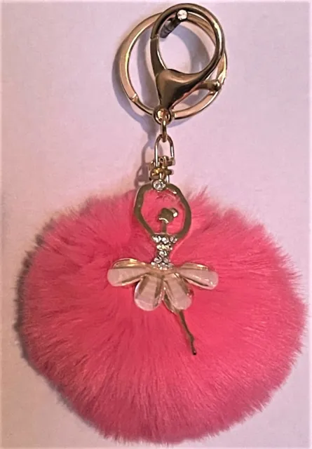 Crystal Ballerina Pompom Bag Charm Gold Keyring Key Chain Handbag Charm Faux Fur