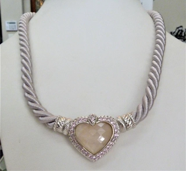 Judith Ripka Sterling Silver Pink Diamonique Heartz Pendant Gray Cord Necklace Judith Ripka Sterling Silver Pink Diamonique Heartz Pendant Gray Cord Necklace