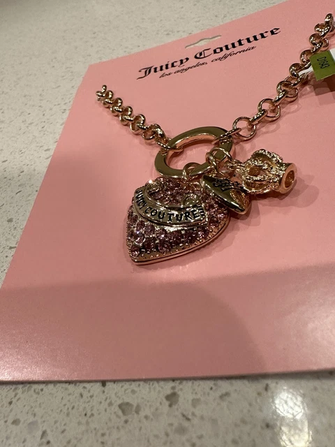 Vintage JUICY COUTURE Heart Crown Cross Pendant Chain Necklace - Rhinestone