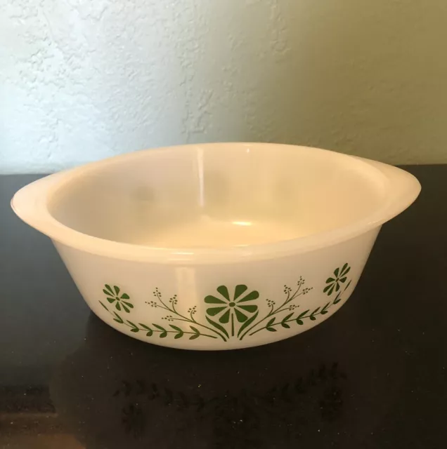 Vintage Glasbake Green Daisy 1 1/2 Quart Casserole Dish Milk Glass Round J2600