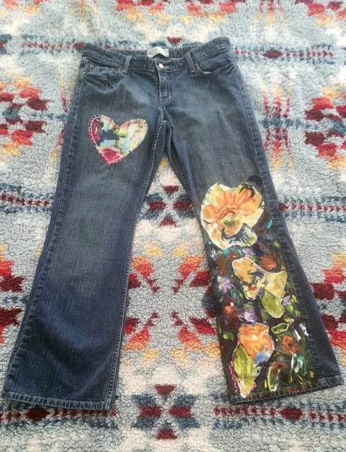 Upcycled LEVI STRAUSS Vintage Boho Jeans Size 15 J Inseam 31.5  Patches Paint