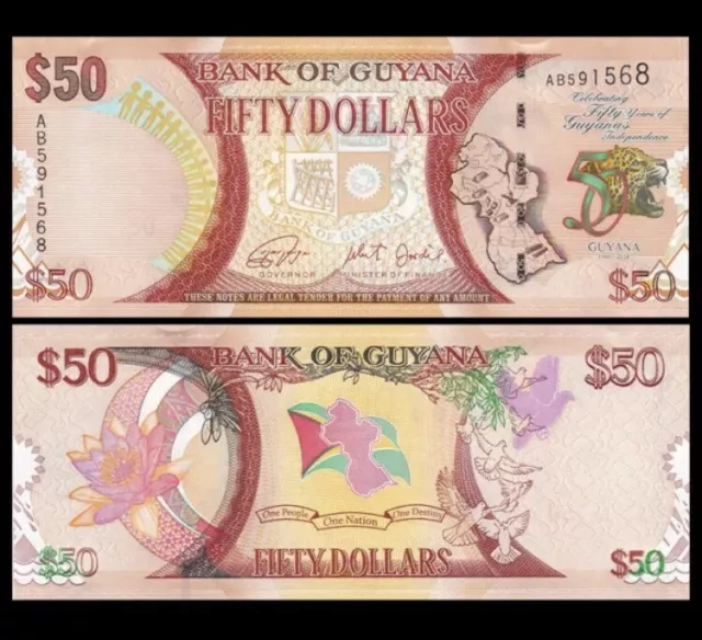 GUYANA 50 Dollars, 2016, P-41, 50th Commemorative, UNC World Currency