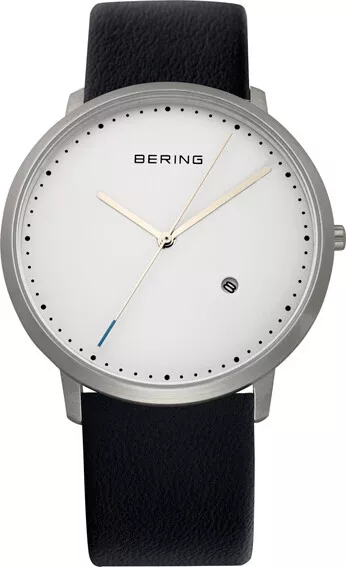 Bering Time - Classic - Mens Black Leather Watch with White Dial 11139-404