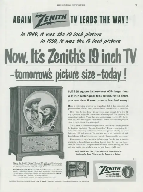 1951 Zenith TV Television On Cowboy Western Show 19 Inch Vtg Print Ad SP19
