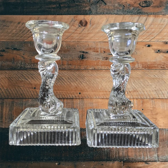 Imperial Pair Vintage Clear Dolphin KOI Fish Candle Holders Candlesticks 5"