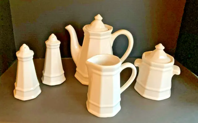 VTG Pfaltzgraff Heritage White 7 Pc. Set -Tea Pot/Creamer/Sugar/Salt/Pepper MINT