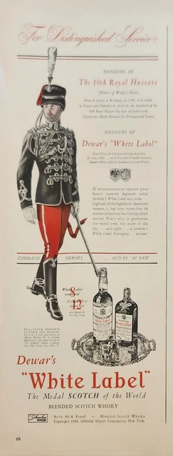 1940 Dewars White Label Scotch Whiskey Vintage Ad 10th Royal Hussars