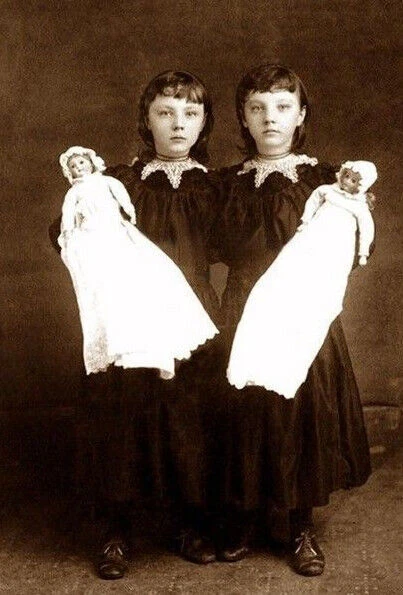 Antique Creepy Twins with Dolls Photo 1339b Oddleys Strange & Bizarre