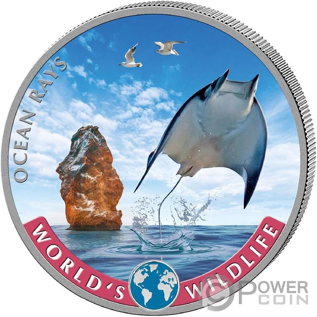 OCEAN RAYS World Wildlife Coloured 1 Oz Silver Coin 20 Francs Congo 2023