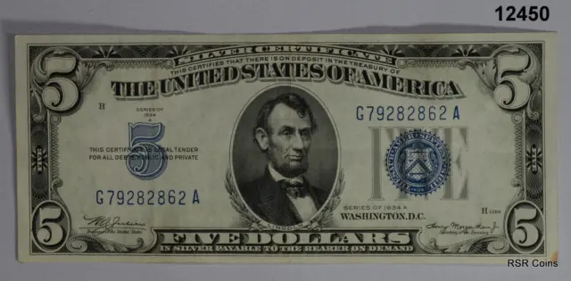 1934 $5 Silver Certificate Crisp Xf+ Nice! Blue Seal!! #12450