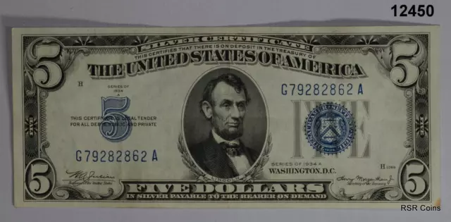 1934 $5 Silver Certificate Crisp Xf+ Nice! Blue Seal!! #12450