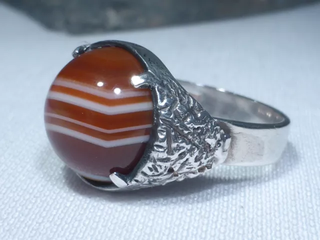 Vintage Scottish Solid Silver Banded Agate Ring Hallmark 1975 Magnus Maximus Box