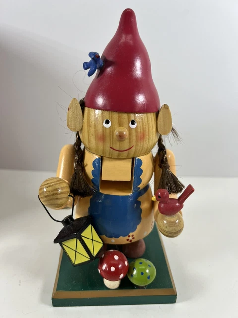 World Market Holiday Nutcracker Wood  7" Emma 2012 Wooden Gnome Mushrooms Bird