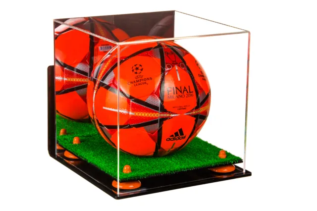Soccer Ball Display Case w/ Orange Risers, Mirror, Turf Base & Wall Mount (A027)