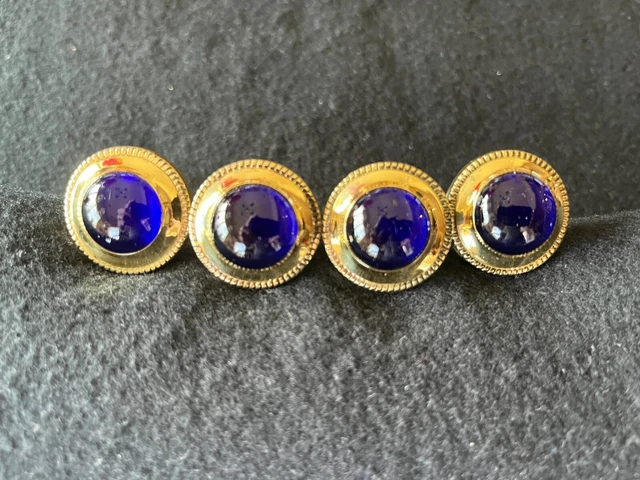 Antique Victorian Picture Nails Decorative Brass with Blue Glass - Set of 4