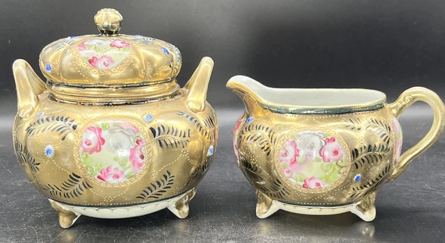 Nippon Creamer & Lidded Sugar Bowl Hand Painted Gold Gilding Moriage Antique