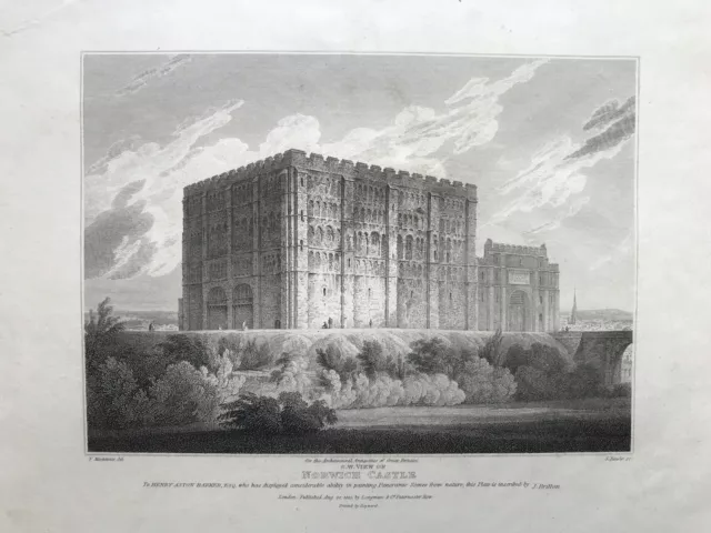 1813 Antique Print; Norwich Castle, S.W. View, Norfolk after Mackenzie