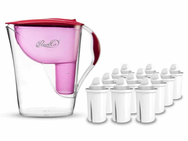 PearlCo Glas-Wasserfilter (weiß) – 2 Liter, Mit 1 Filterkartusche & 1 Trinkflasche, LED-Wechselanzeige, BPA-frei