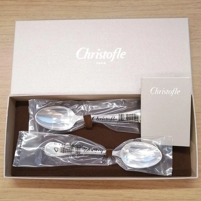 Christofle Set of 2 Table Spoon Silver Cutlery with Box Unused perles France