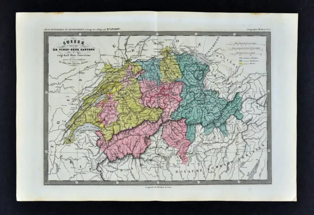 c 1860 Ansart Map Switzerland 22 Cantons Berne Geneva Luzerne Zurich Swiss Alps