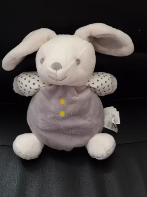 Peluche doudou lapin boule OBAIBI OKAIDI blanc gris étoiles grelot 18/28 cm TBE