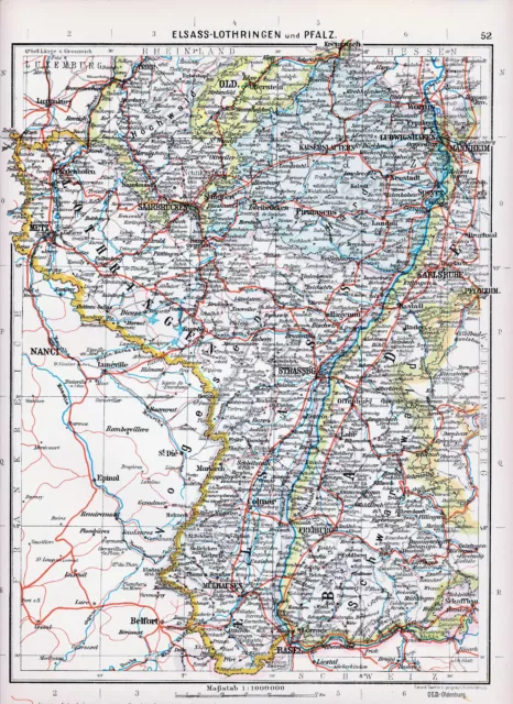 Pfalz Elsass-Lothringen Saar 1927 Atlas-Karte Metz Colmar Pirmasens Zweibrücken