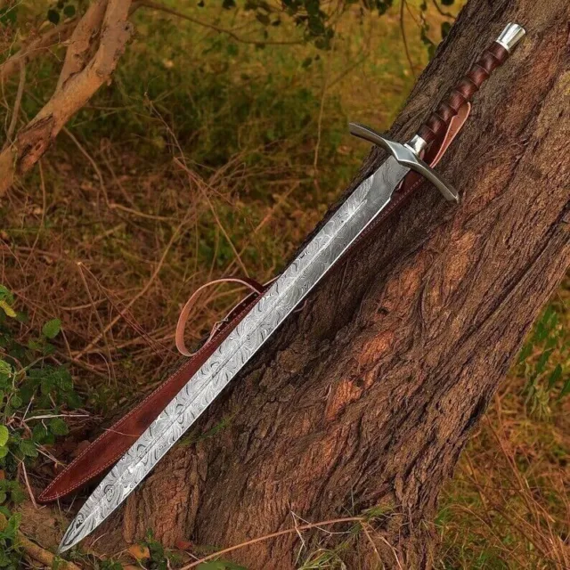 Hand Forged Custom Viking Sword With Leather Sheath Damascus Steel Viking Sword