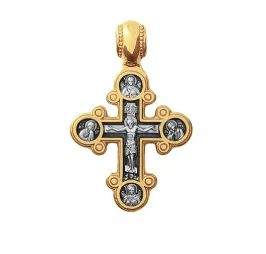 Sterling Silver 925 Gold Plated Russian Orthodox Style Crucifix Cross