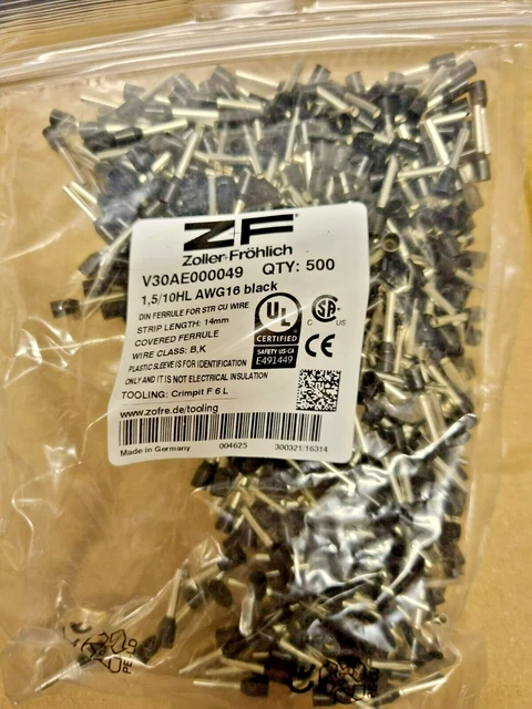 Wire End Sleeves Insulated Z&F 1.5mm2, 16mm/10mm Long Black