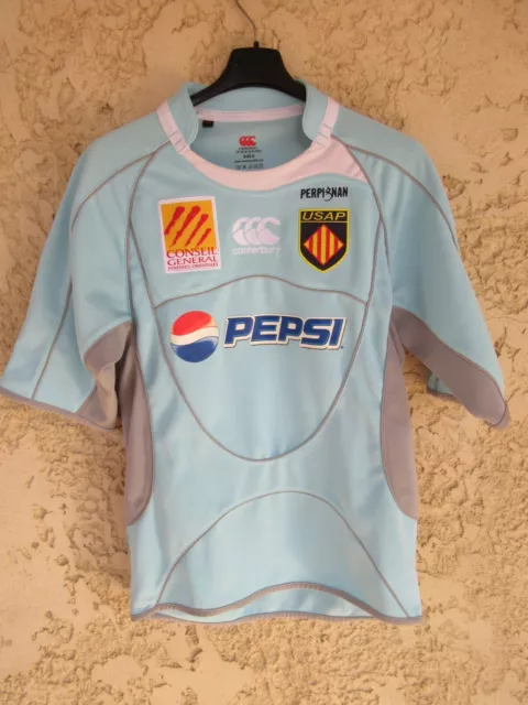 Maillot rugby USAP PERPIGNAN vintage bleu ciel CANTERBURY shirt jersey S