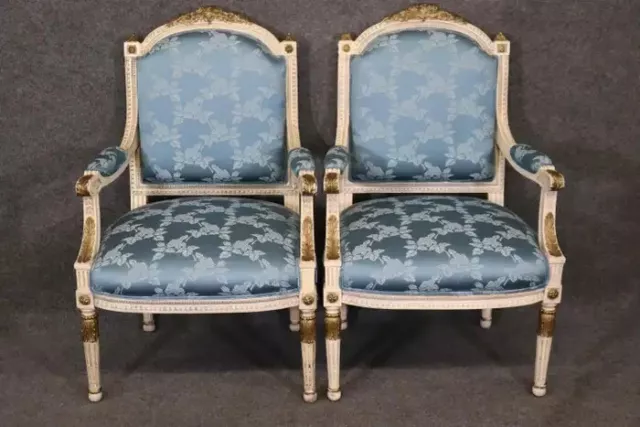 Gorgeous Pair French Carved Painted and Gilded Armchairs Blue Silk 3