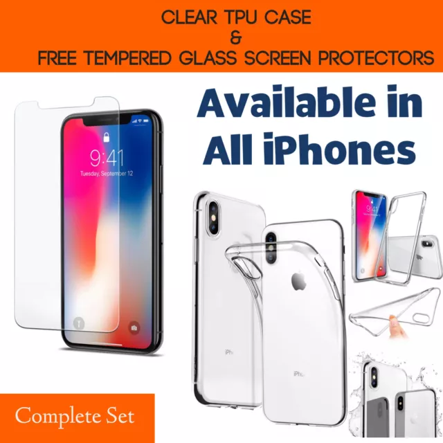 Clear Tpu Gel Case Tempered Glass Protector For Apple Iphone X 8 7 6S 5S 4 Plus