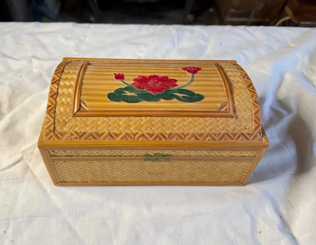 Rattan Bamboo or Similar Box Decorated With A Red Flower