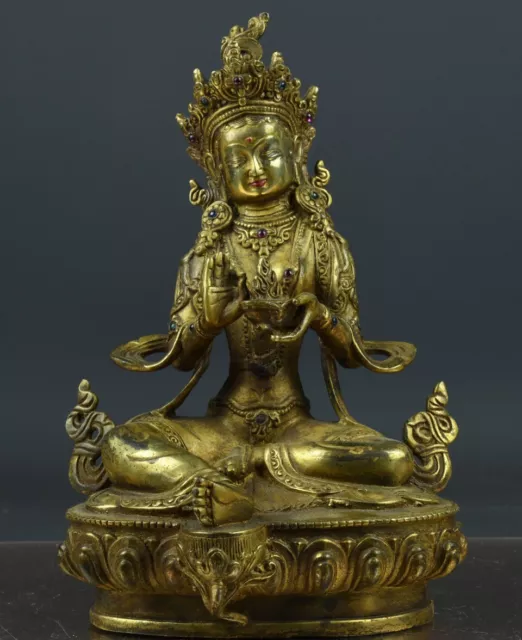 8.3" Old Tibet Tibetan Buddhism temple Bronze gilt Green Tara Bodhisattva statue