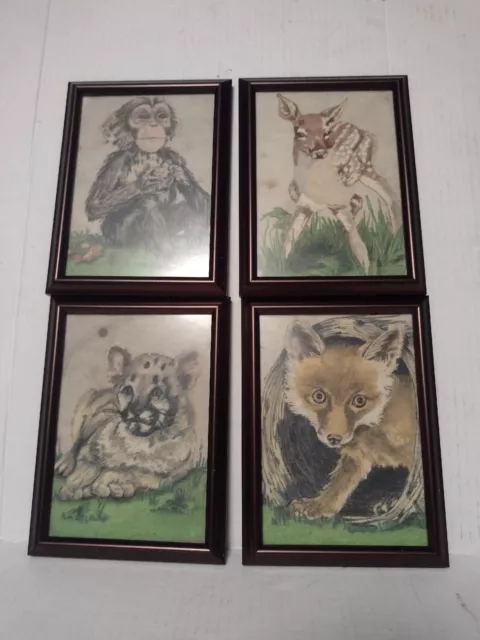 Vintage Art Baby Animals Hand Drawn Painted?  Leopard, Fox, Deer, Chimp Wall SET