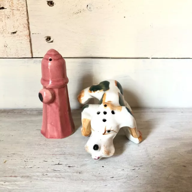 Vintage Ceramic Dog Peeing On Fire Hydrant Salt & Pepper Shaker SetD