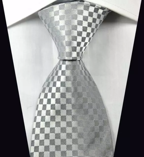 Hot Classic Patterns Checks Silver  JACQUARD WOVEN 100% Silk Men's Tie Necktie