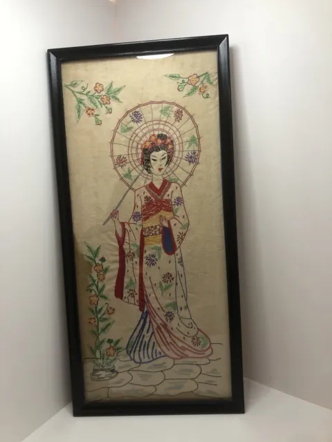 Vintage Mid 20th Century Framed Hand Embroidered Geisha Girl