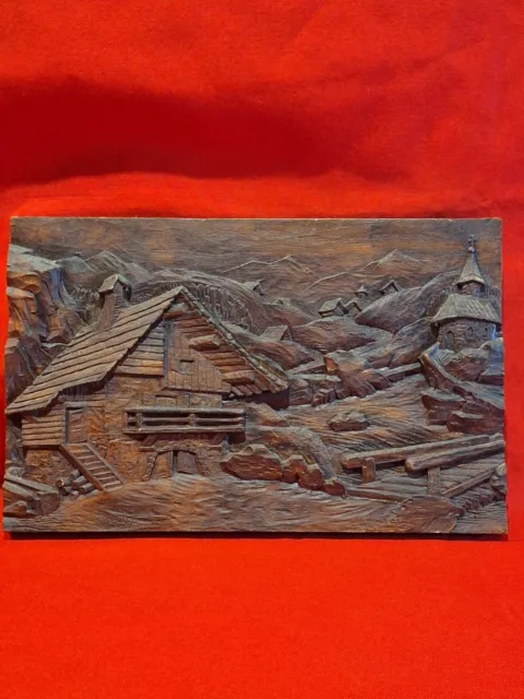 Ancien tableau en bois sculpté relief Chalet Montagne Forêt Sapin  R.F ULLUD