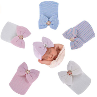 Newborn Baby Girls Infant Striped Soft Hat with Bow Cap Hospital Beanie headband