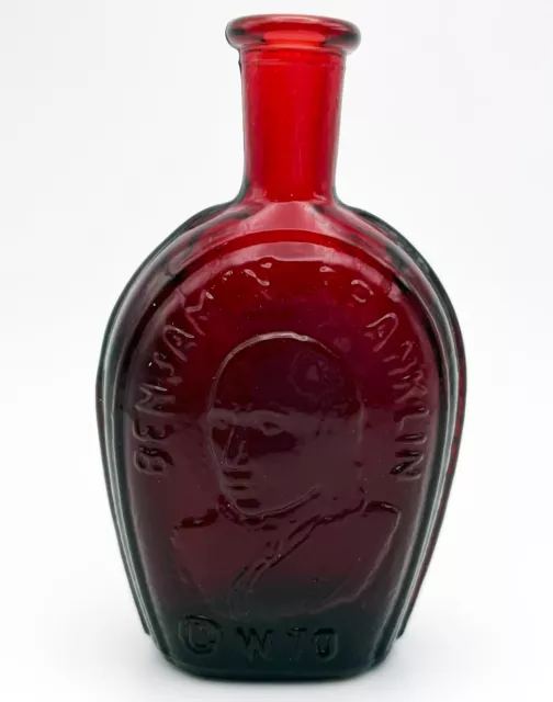 Vintage Wheaton NJ Ruby Red Benjamin Franklin Miniature Glass Bitters Bottle 3"