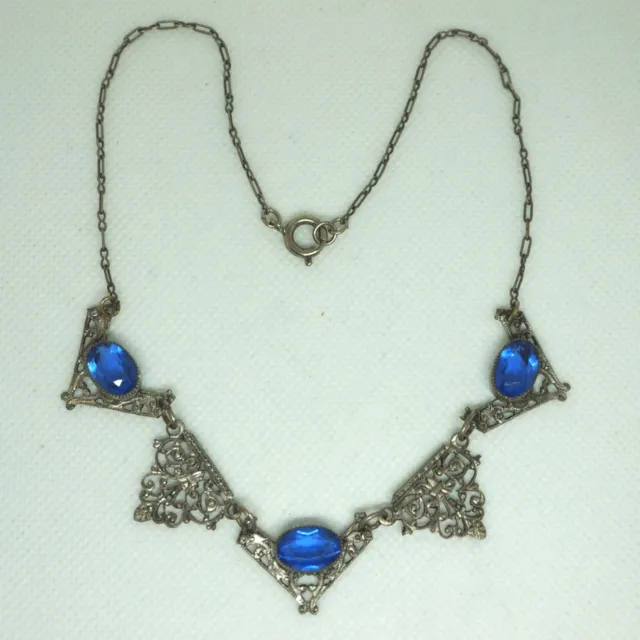 Art Deco Vintage Czech Cornflower Blue Art Glass Silver Filigree Necklace 15.5in