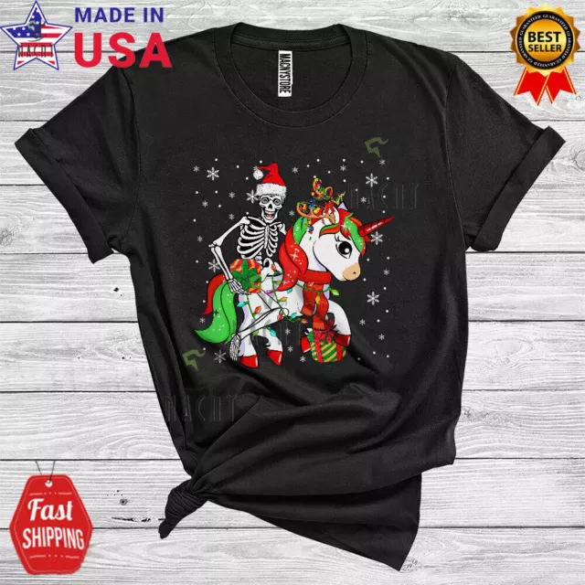 Santa Skeleton Riding Unicorn Reindeer Xmas Lights Christmas Kids 2D T-SHIRT 3