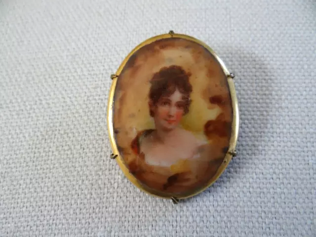 Antique Victorian Brooch Pin Porcelain Jewelry Hand painted Lady Portrait