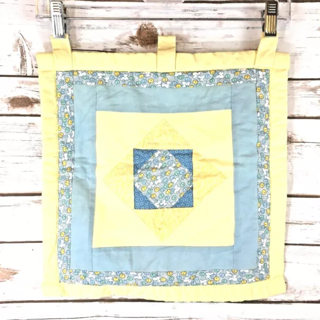 Wall Quilt Handmade Yellow Blue Rod Loops 14 x 14 IN
