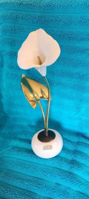 Vintage 1985 Brian Bijan Brass Porcelain Calla Lily Marble Base Sculpture 14"