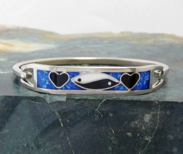 Taxco Mexican Bracelet Vintage Alpaca Silver Yin Yang Crushd Sodalite 6-1/4" Y70